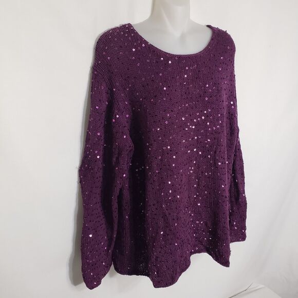 Maggie Sweet Womens Sweater Large Purple Sequin Knit Pullover Crew Neck Long Slv - Picture 5 of 8